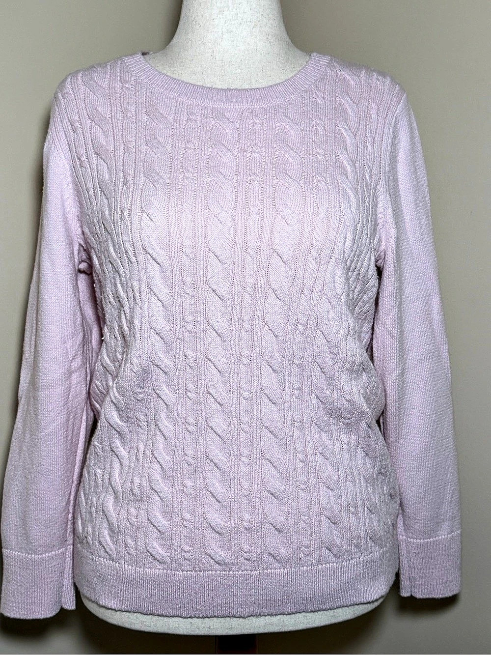 Talbots Plus 1X Pink Cable Knit Sweater Cotton Blend Button Cuff Crewneck